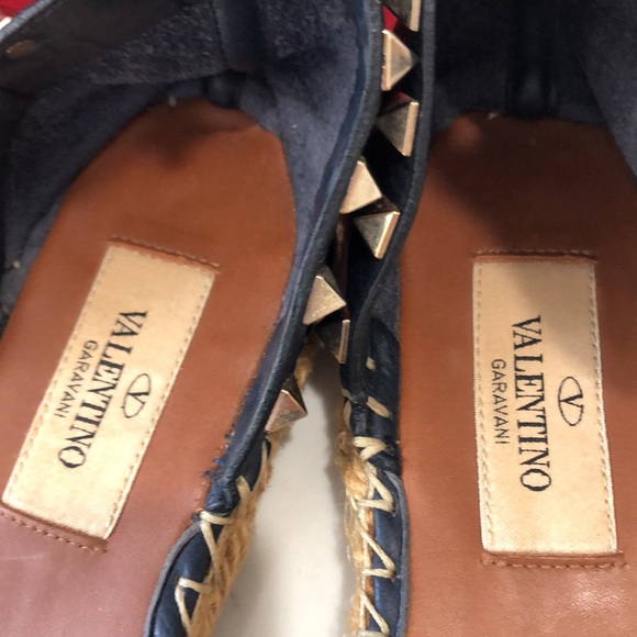 VALENTINO  GARAVANI Navy Blue Leather Rockstud Ankle Strap Espadrilles SZ 35 - Picture 10 of 16